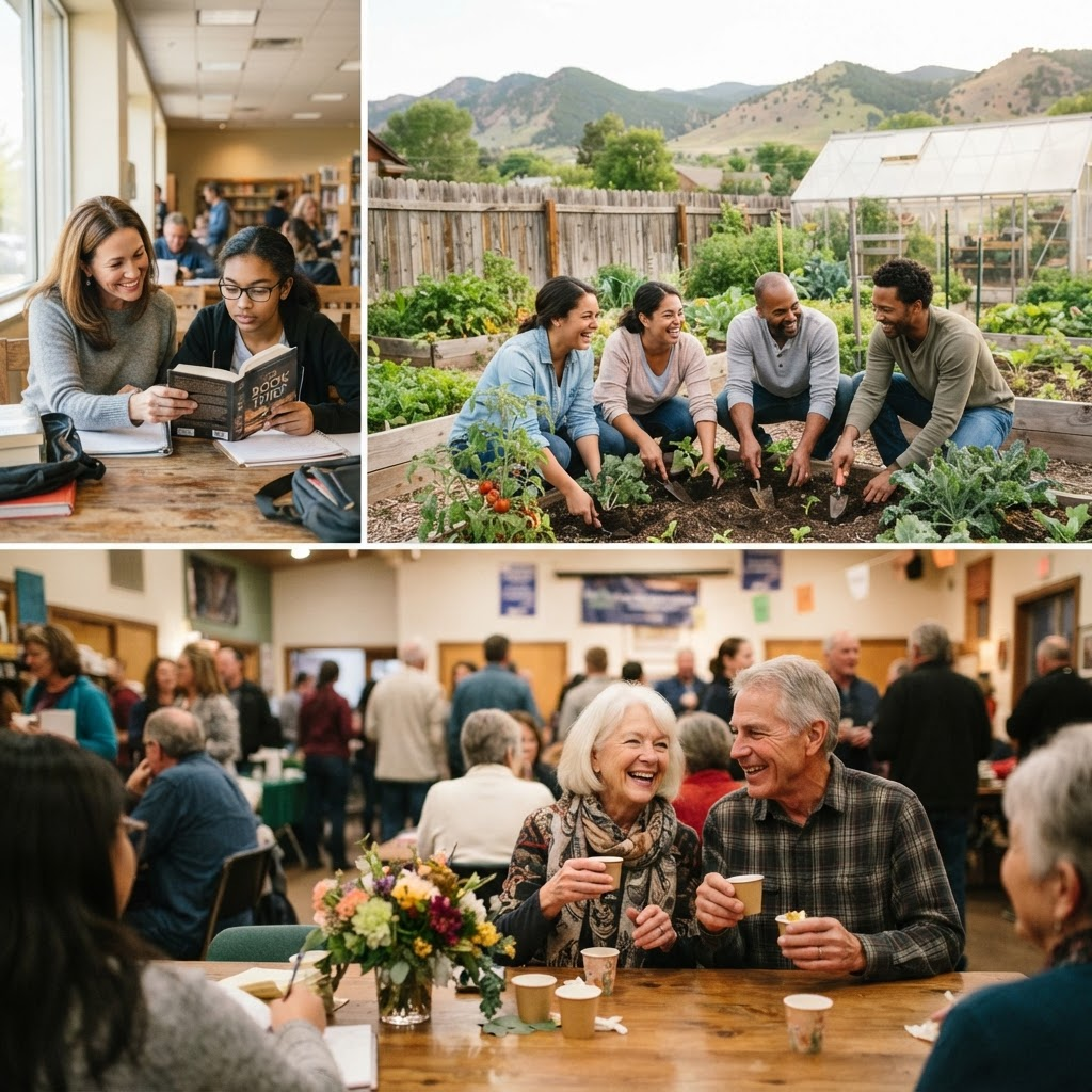Community members learning, gardening, and gathering together