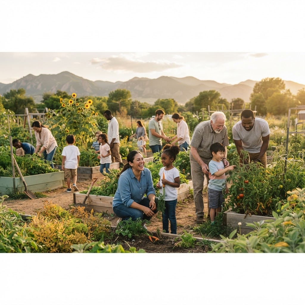 Neighbors and children gathered in a Colorado community garden